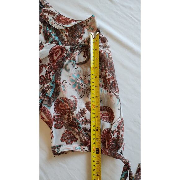 Sara Michelle Boho blouse with white Paisley print and brown and blue tones S 2X - Picture 7 of 8